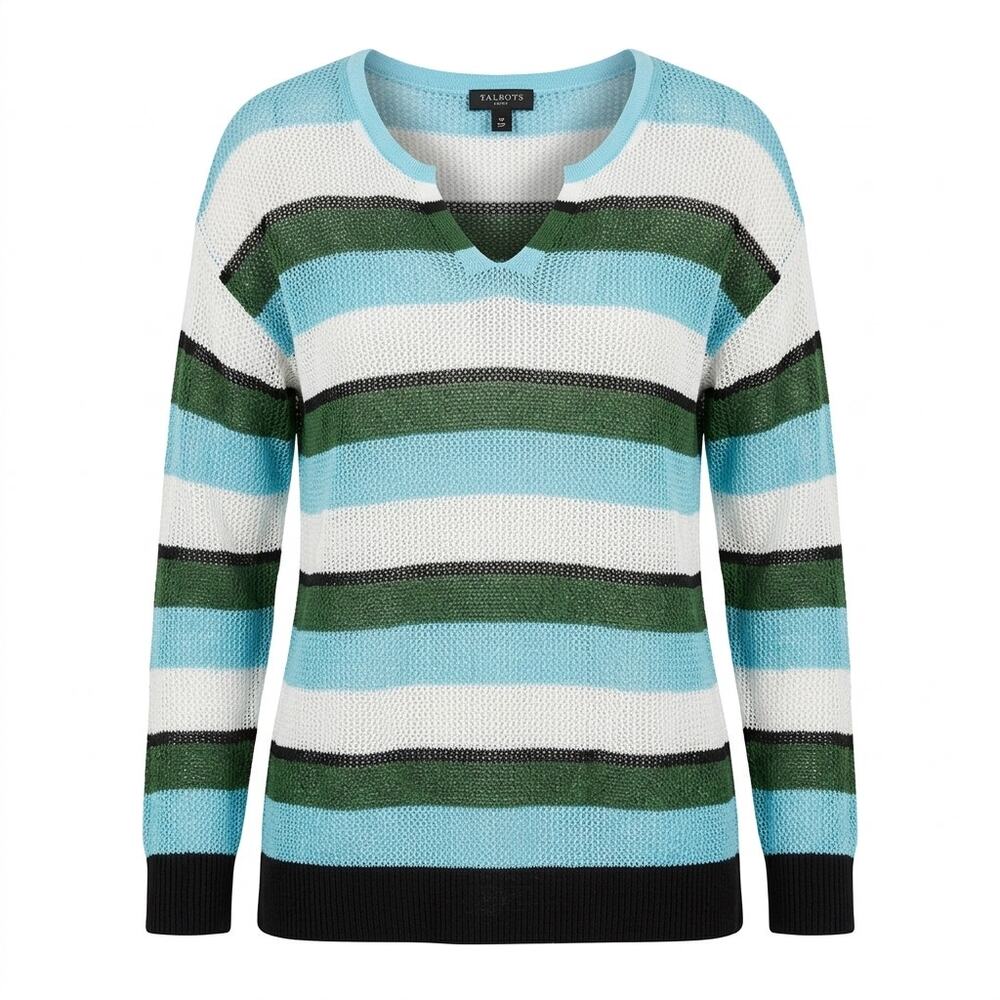 Talbots Linen Blend Blue Open Knit V-Neck Striped Sweater Women Size SP